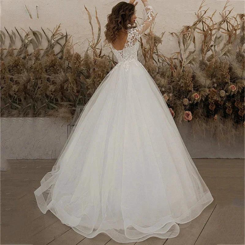 Exquisite Ivory Wedding Dresses Long Sleeve Appliques Lace 3D Flowers Modern Tulle Boho Bride Gown vestidos de novia Beach by payinti