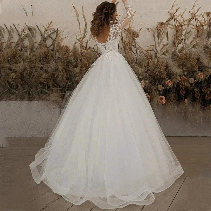 Exquisite Ivory Wedding Dresses Long Sleeve Appliques Lace 3D Flowers Modern Tulle Boho Bride Gown vestidos de novia Beach by payinti