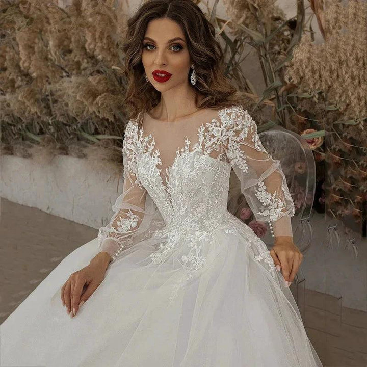 Exquisite Ivory Wedding Dresses Long Sleeve Appliques Lace 3D Flowers Modern Tulle Boho Bride Gown vestidos de novia Beach by payinti