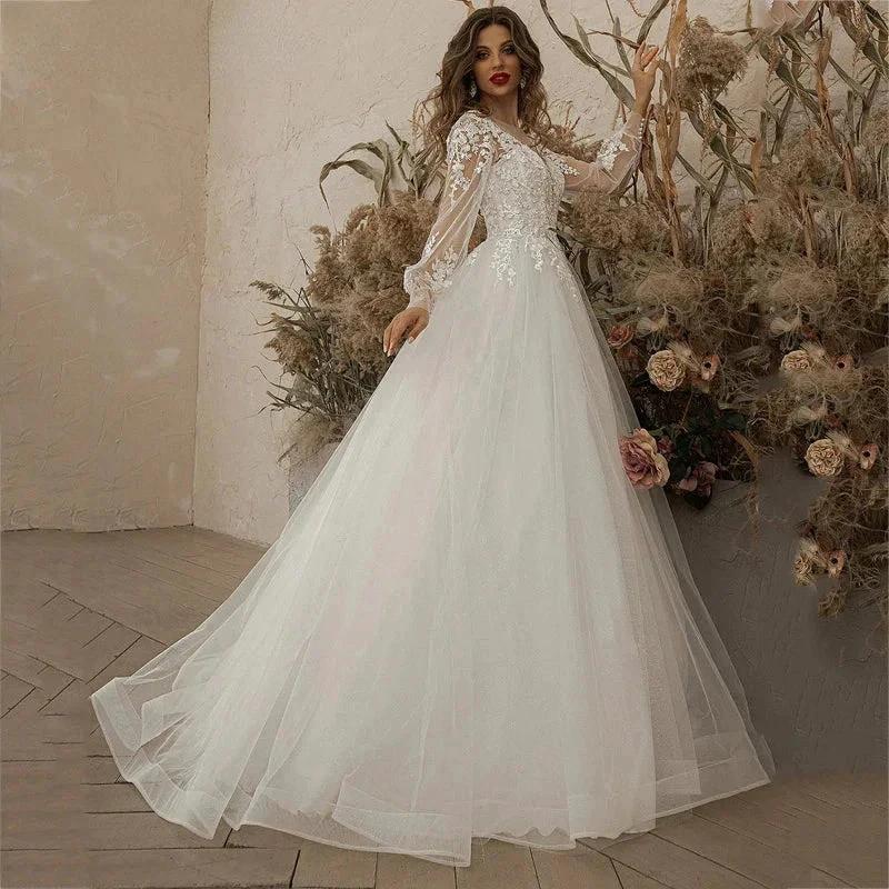 Exquisite Ivory Wedding Dresses Long Sleeve Appliques Lace 3D Flowers Modern Tulle Boho Bride Gown vestidos de novia Beach by payinti