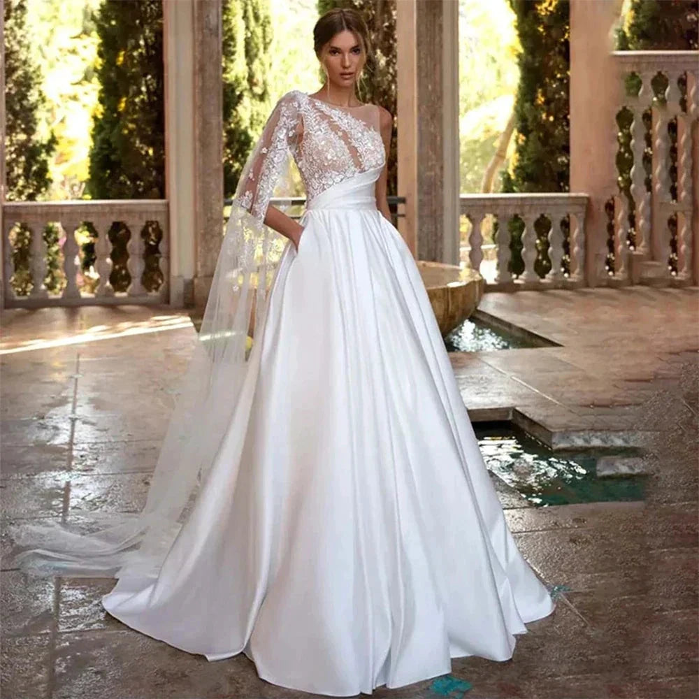 Exquisite Off Shoulder With Sleeves Beach A-Line Fluffy Mopping Sexy Backless Wedding Dresses Lace Backless Court Train Simple by payinti