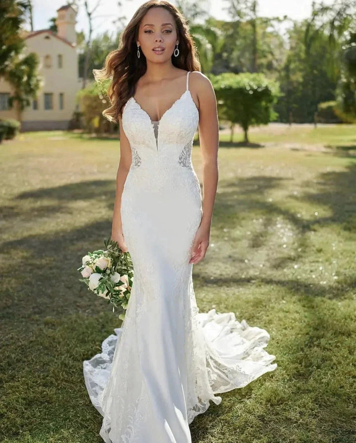 Exquisite Sexy Backless Wedding Dresses Sleeveless Lace Flower Mermaid Vintage Ball Gowns Formal V Neck Woman&