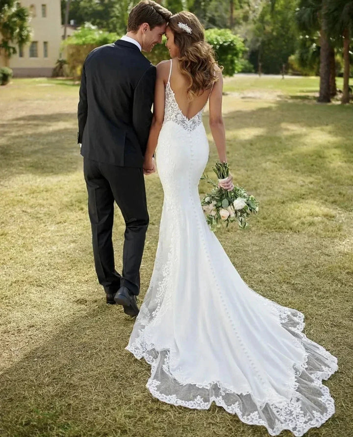 Exquisite Sexy Backless Wedding Dresses Sleeveless Lace Flower Mermaid Vintage Ball Gowns Formal V Neck Woman&