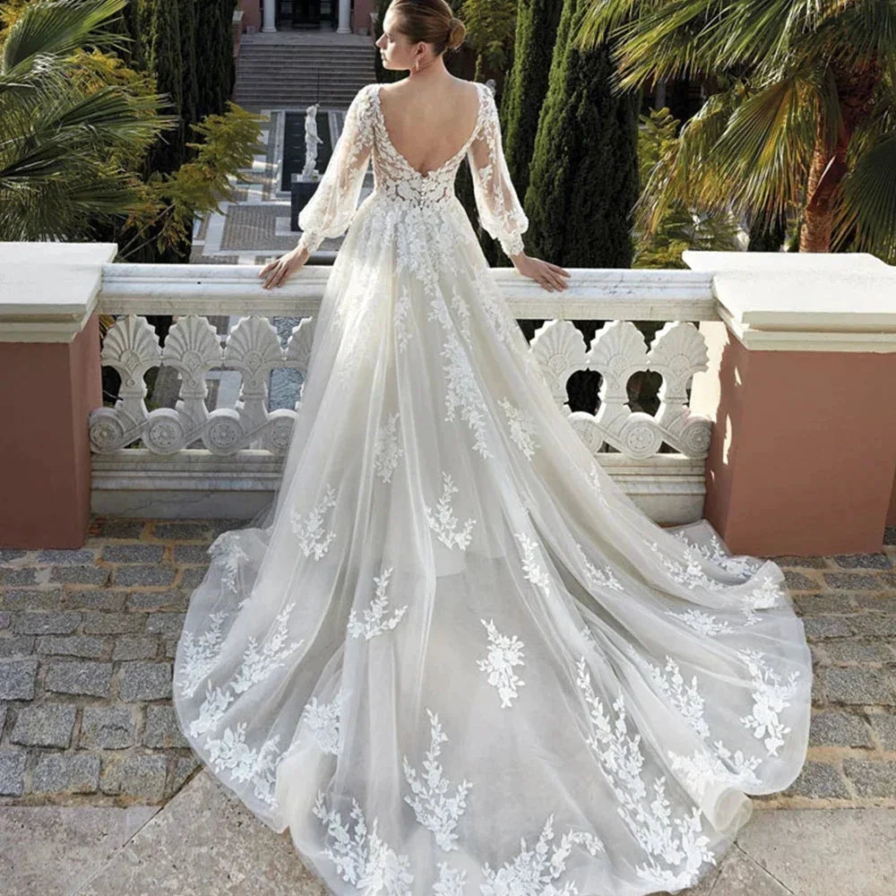 Exquisite Wedding Dresses For Women V Neck Lace Applique A Line Bridal Gowns With Long Puff Sleeves Vestido De Noiva by payinti