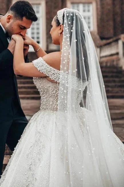 Extravagant Princess Long A-line Off-the-shoulder Glitter Lace Sleeveless Wedding Dresses with Pearls by misshow.com
