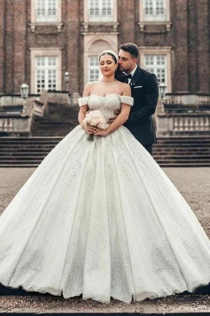 Extravagant Princess Long A-line Off-the-shoulder Glitter Lace Sleeveless Wedding Dresses with Pearls by misshow.com