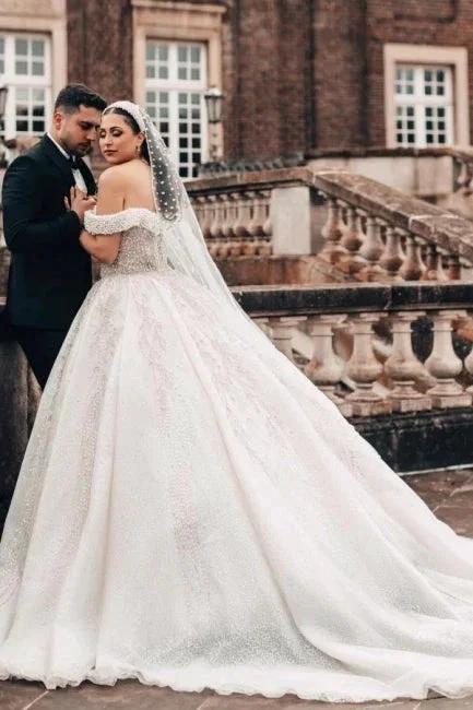 Extravagant Princess Long A-line Off-the-shoulder Glitter Lace Sleeveless Wedding Dresses with Pearls by misshow.com
