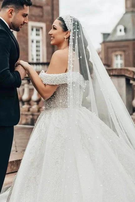 Extravagant Princess Long A-line Off-the-shoulder Glitter Lace Sleeveless Wedding Dresses with Pearls by misshow.com