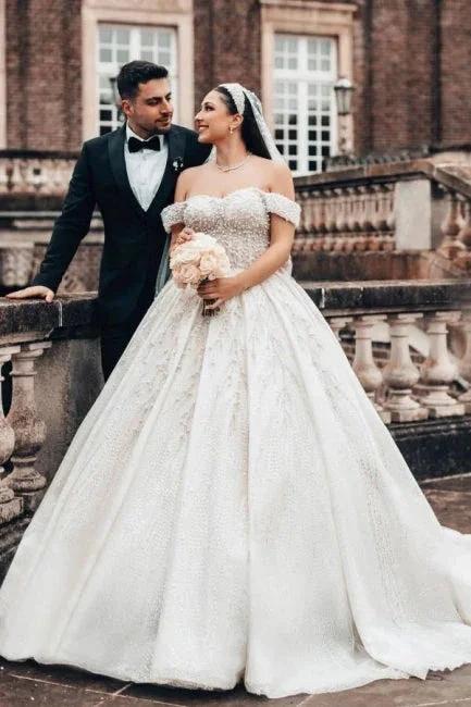 Extravagant Princess Long A-line Off-the-shoulder Glitter Lace Sleeveless Wedding Dresses with Pearls by misshow.com