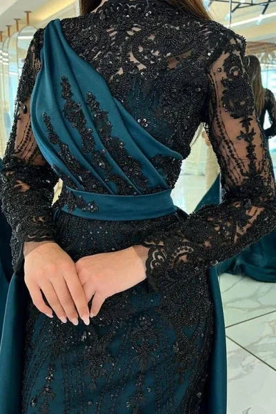 Elegant teal and black lace evening dress with sheer sleeves, showcased at ZAPDRESS store.
