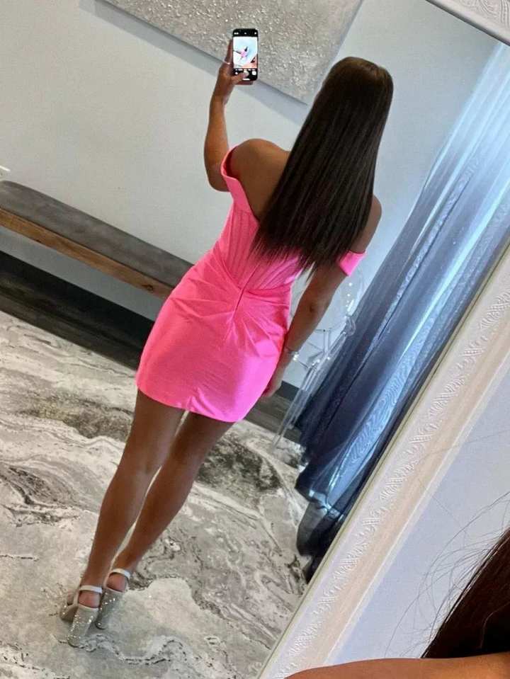 Sheath Off the Shoulder Short Satin Homecoming Dress Y2966 by simplepromdress