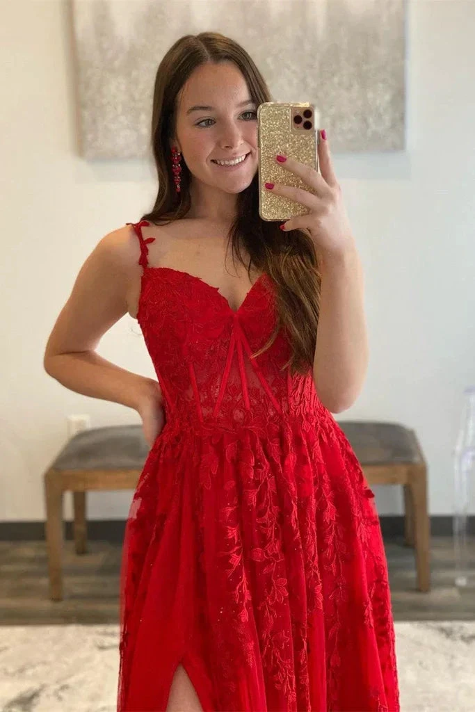 V Neck Tulle Red Lace Long Prom Dress with High Slit, Red Lace Formal Dress, Red Evening Dress Y217 by simplepromdress