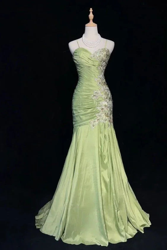 Vintage Green Mermaid Satin Beaded Sequin Evening Dress Spaghetti Strap Long Prom Dress Y8556 by simplepromdress