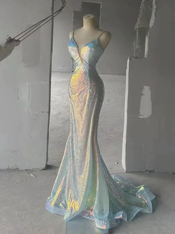 Sparkly Spaghetti Straps Sequins Mermaid V-neck Backless Long Prom Dresses Evening Dresses Y7804 by simplepromdress