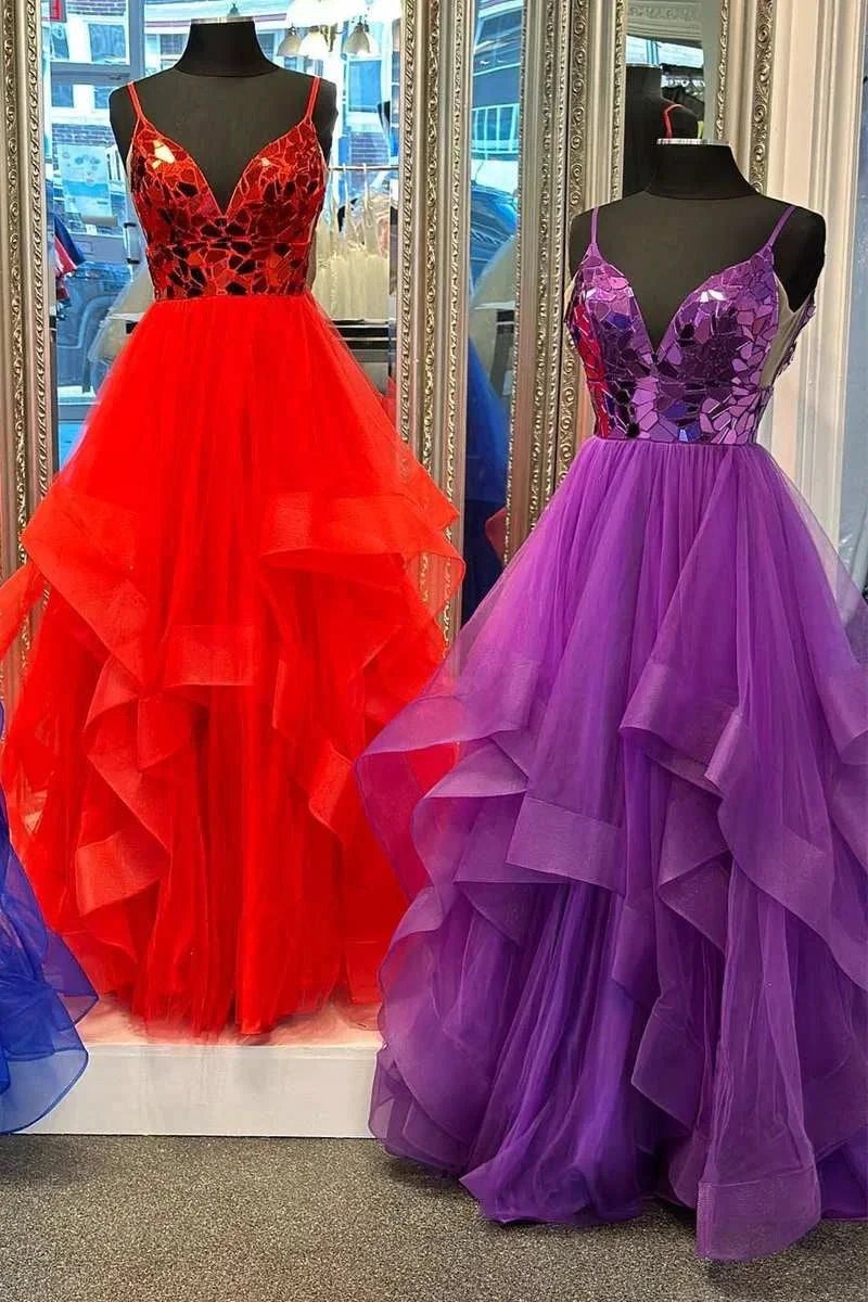 Brandi | A-line V-Neck Mirror-Cut Sequins Ruffle Layers Long Prom Dress by KissProm