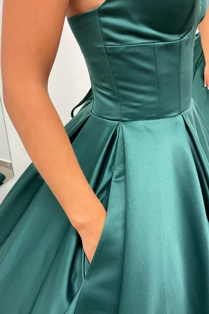 Nicole |A-line Hunter Green V-Neck Satin Long Prom Dress by KissProm