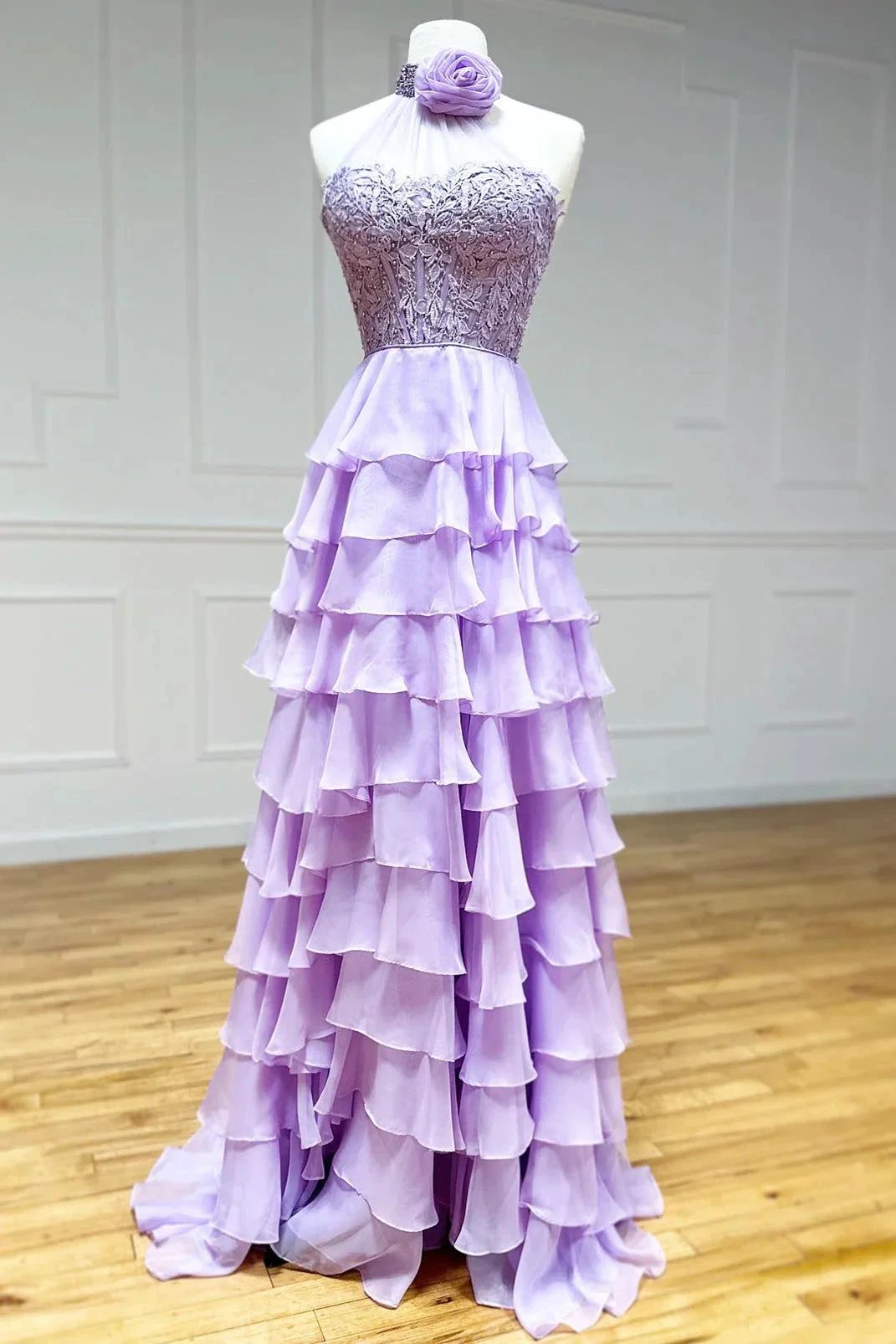 Emerie |A line High Neck Tiered Chiffon Prom Dress with 3D Flower by KissProm