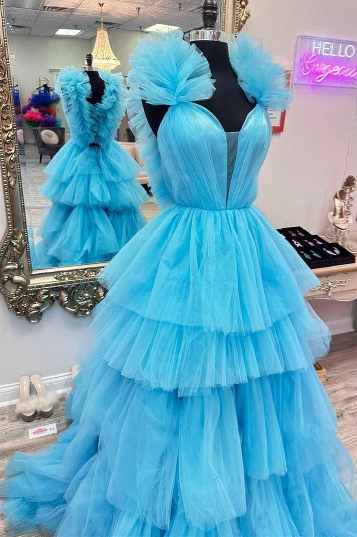 Bernice | Light Blue Ruffle Straps A-Line Tiered Prom Dress by KissProm