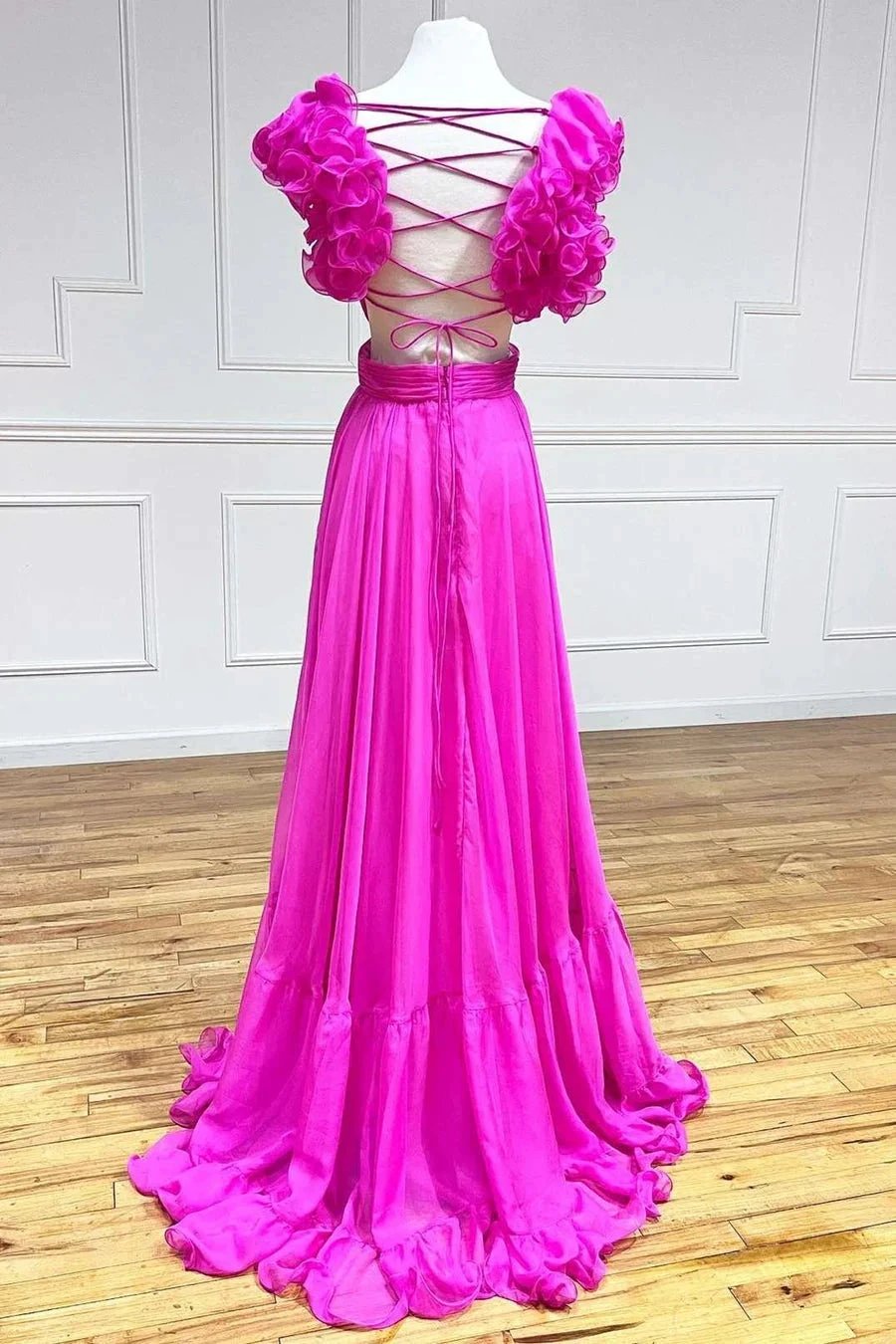 Aadhya | Lace-Up Fuchsia V-Neck Ruffle Pleated Long Prom Dress by KissProm