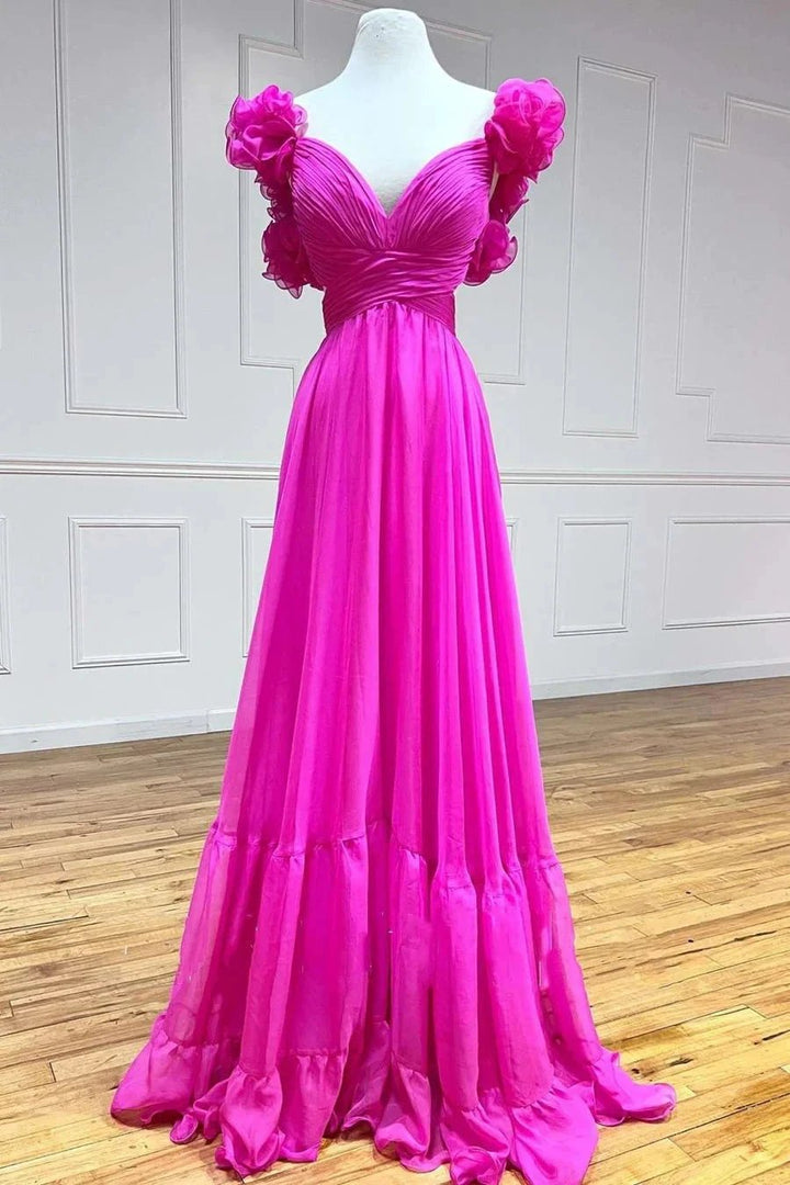 Aadhya | Lace-Up Fuchsia V-Neck Ruffle Pleated Long Prom Dress by KissProm