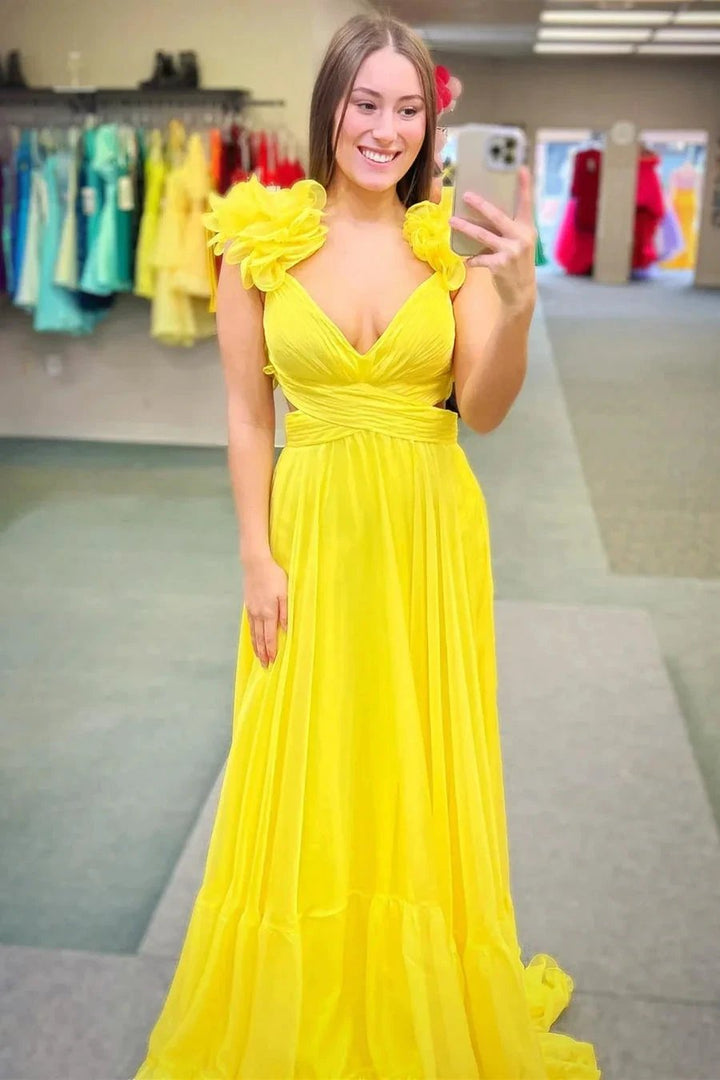 Aadhya | Lace-Up Fuchsia V-Neck Ruffle Pleated Long Prom Dress by KissProm