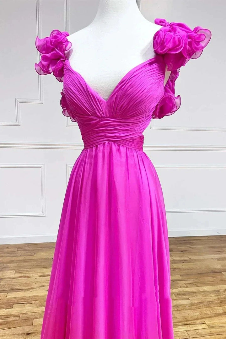 Aadhya | Lace-Up Fuchsia V-Neck Ruffle Pleated Long Prom Dress by KissProm