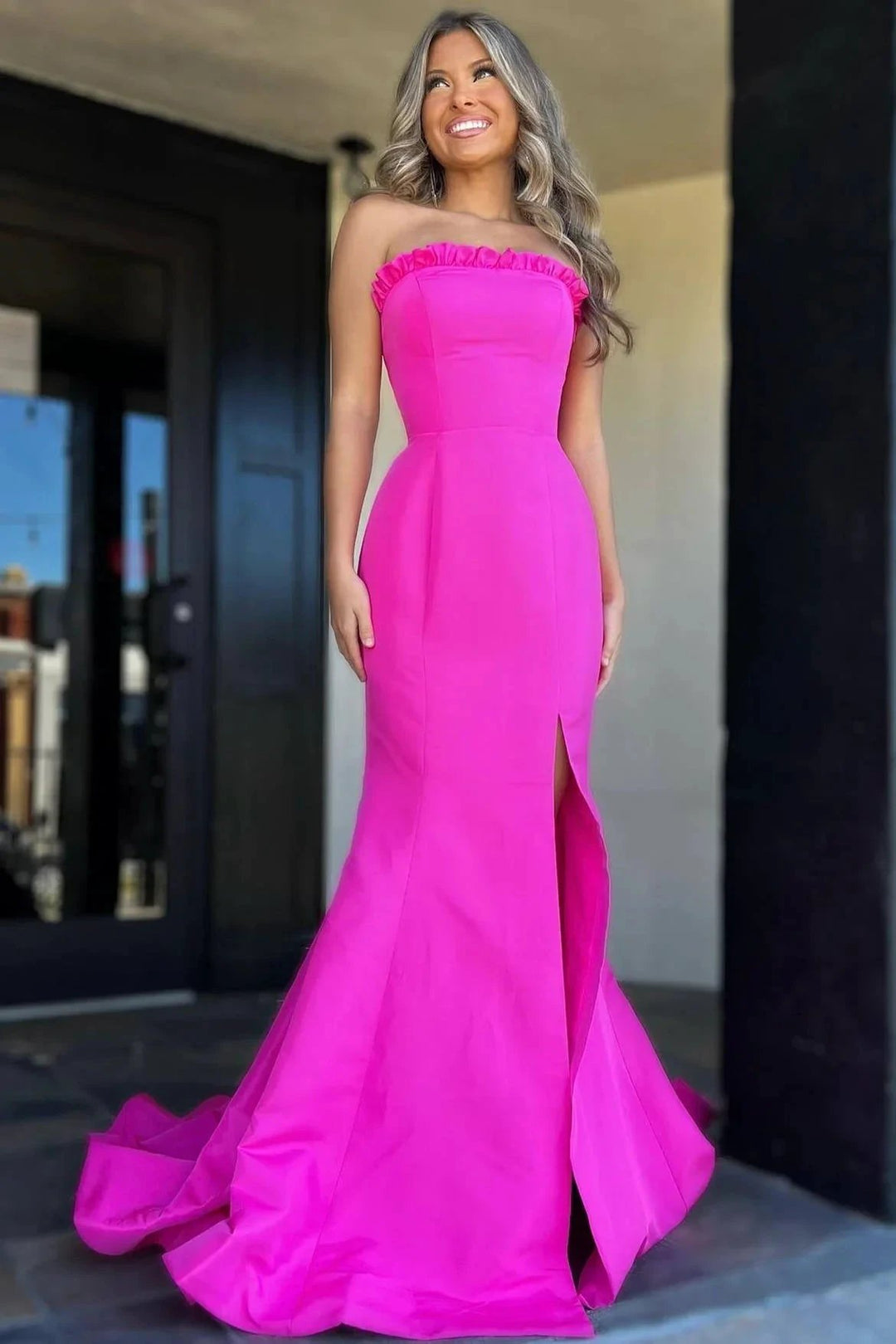 Denver | Strapless Maganta Ruffle Mermaid Slit Long Prom Dress by KissProm