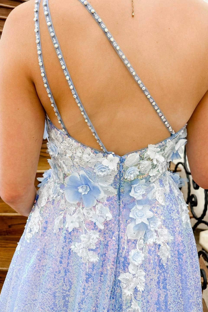 Azaria | Lilac One Shoulder 3D Flowers Sequin Long Formal Dress by KissProm