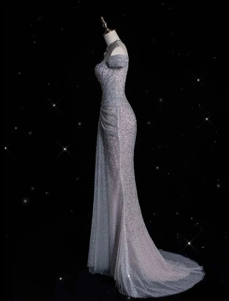 Sparkly Lilac Tulle Beaded Mermaid Off The Shoulder Evening Dress Long Prom Dress Y8054 by simplepromdress