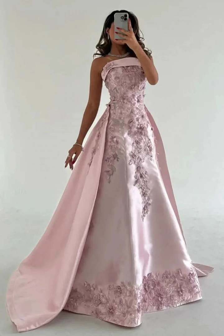 Gorgeous Pink Strapless Satin Appliques Evening Dress Formal Prom Dress Y8427 by simplepromdress