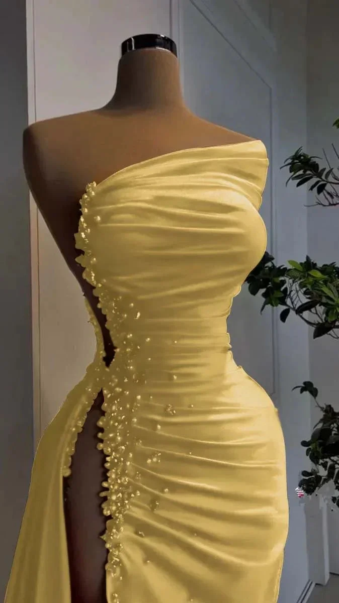 Red Asymmetrical Neckline Satin Pleated High Slit Evening Dress Charming Formal Gown Y379 by simplepromdress