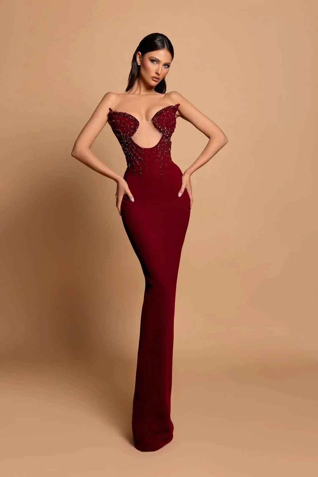 Fabulous Column Strapless Sleeveless Rhinestone Satin Burgundy Prom Dresses by misshow.com