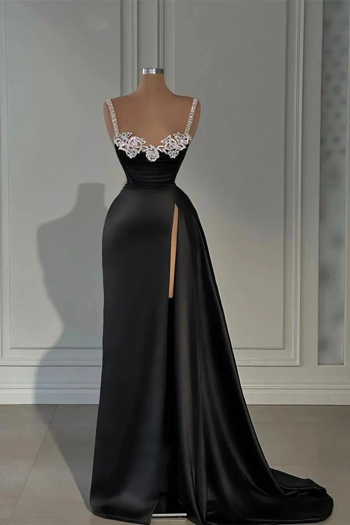 Fabulous Long Black A-line Straps Crystal Sleeveless Prom Dress With Slit by misshow.com