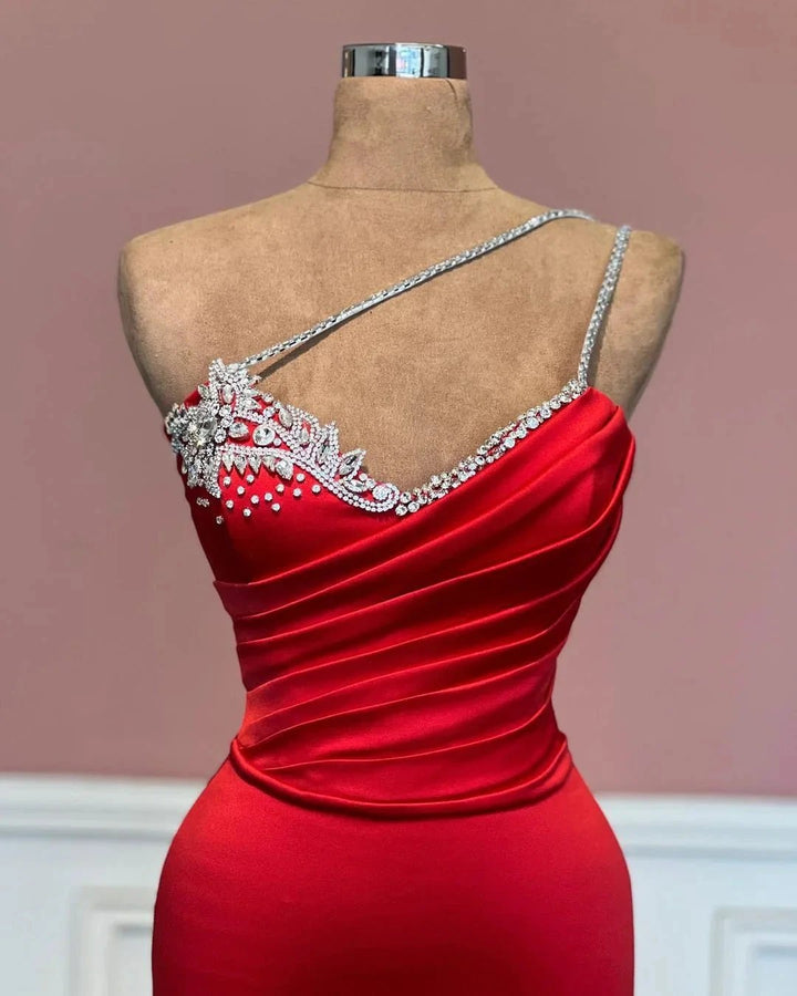 Fabulous Long Red One Shoulder Straps Mermaid Jewels Prom Dress by misshow.com