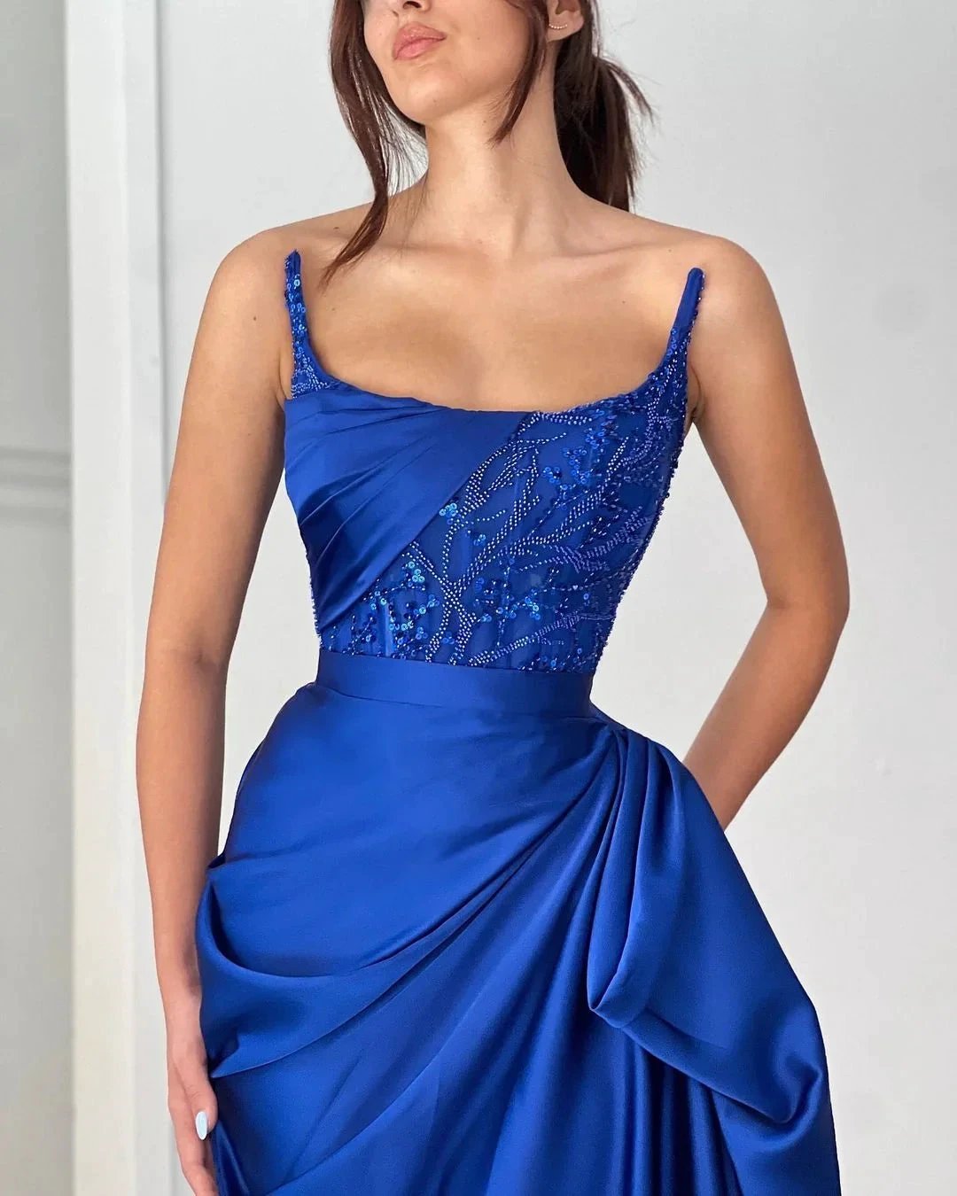 Fabulous Long Royal Blue Sleeveless Sequined Beading Prom Dress With Ruffles by misshow.com