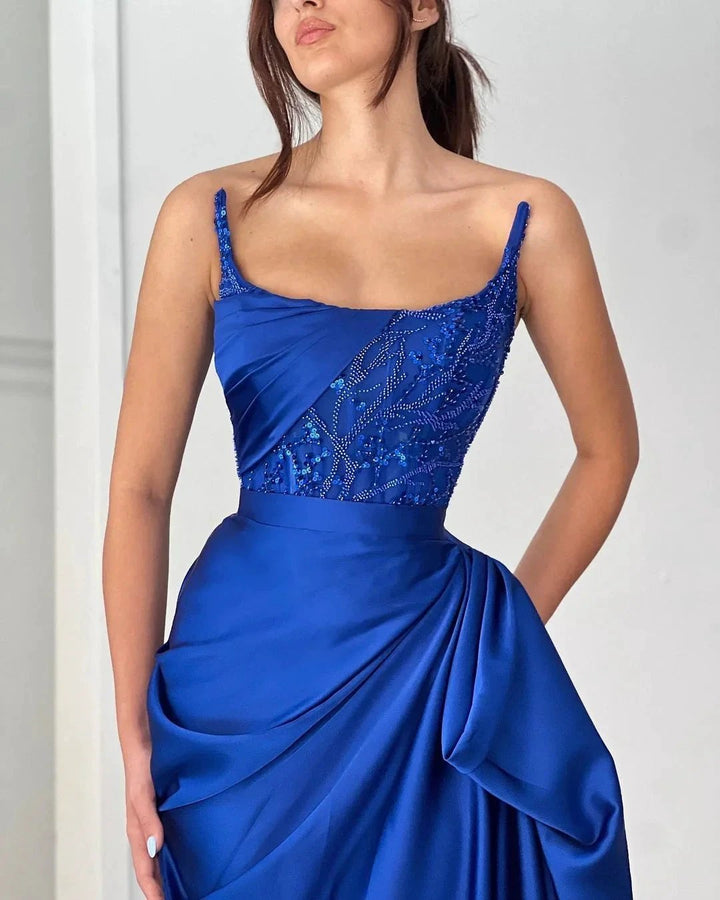 Fabulous Long Royal Blue Sleeveless Sequined Beading Prom Dress With Ruffles by misshow.com