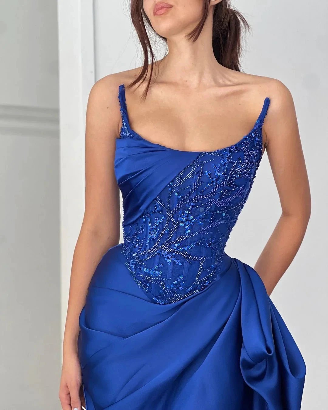 Fabulous Long Royal Blue Sleeveless Sequined Beading Prom Dress With Ruffles by misshow.com