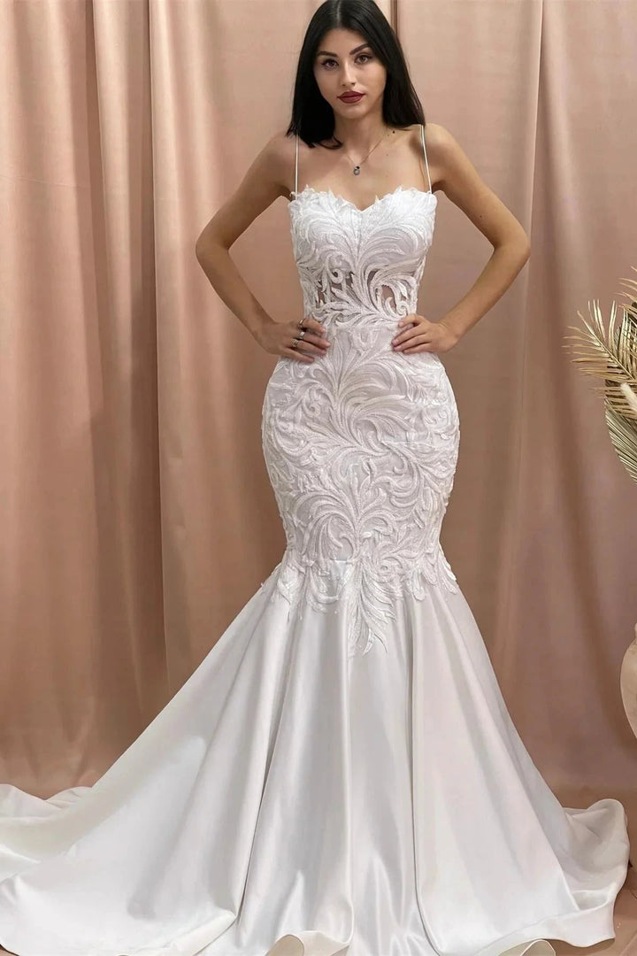 Fabulous Mermaid Sweetheart Sleeveless Appliques Tulle Satin Wedding Dresses by misshow.com