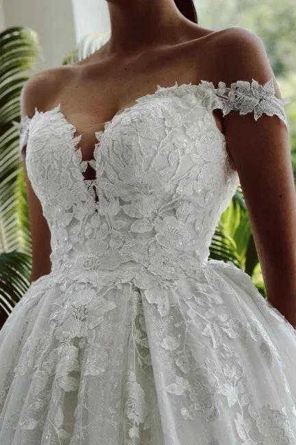 Floor-Length A-Line Sweetheart Off-The-Shoulder Tulle Appliques Wedding Dresses with Lace by misshow.com