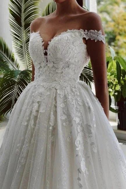 Floor-Length A-Line Sweetheart Off-The-Shoulder Tulle Appliques Wedding Dresses with Lace by misshow.com