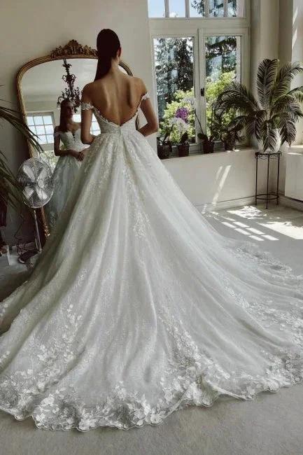 Floor-Length A-Line Sweetheart Off-The-Shoulder Tulle Appliques Wedding Dresses with Lace by misshow.com