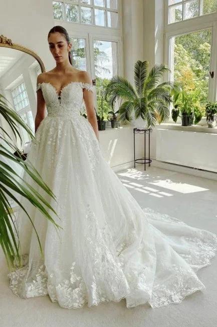 Floor-Length A-Line Sweetheart Off-The-Shoulder Tulle Appliques Wedding Dresses with Lace by misshow.com