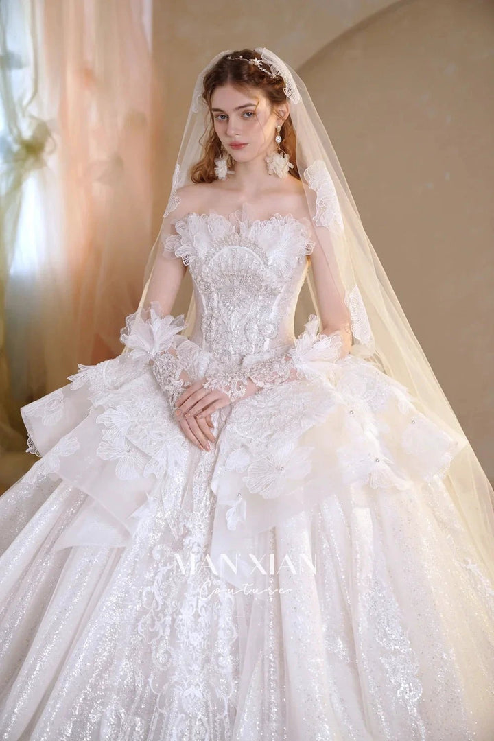 Luminous Ivory Off-Shoulder Glitter Tulle Ball Gown with 3D Floral Lace &amp; Train M021 by ZAPDRESS