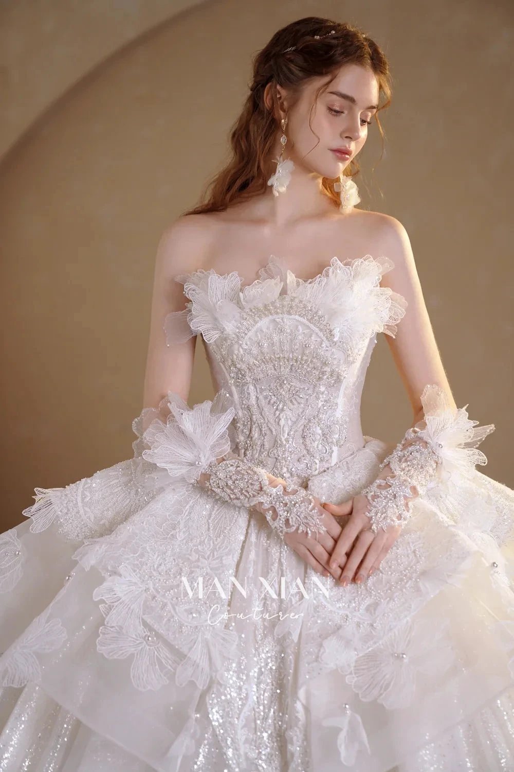 Luminous Ivory Off-Shoulder Glitter Tulle Ball Gown with 3D Floral Lace &amp; Train M021 by ZAPDRESS