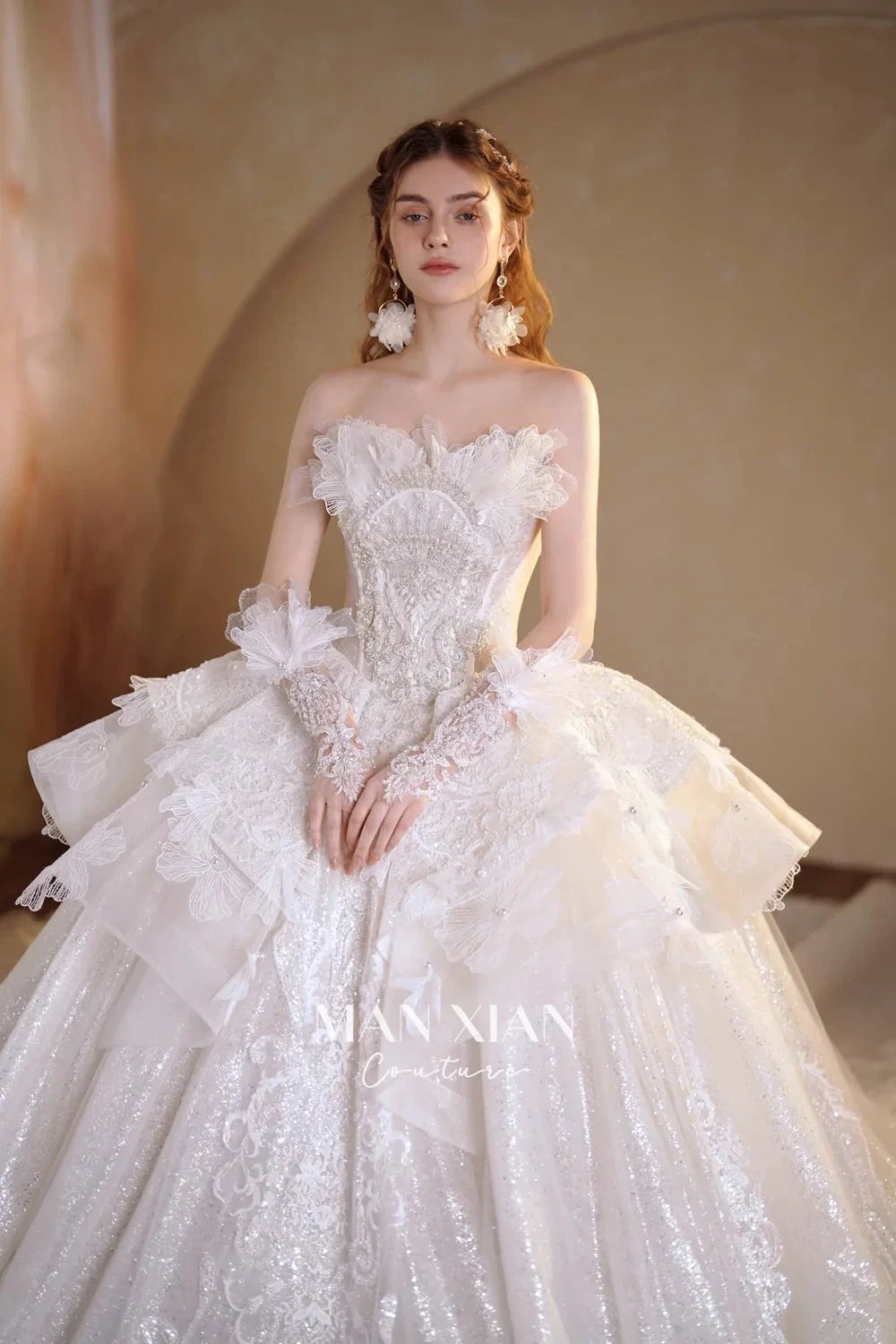 Luminous Ivory Off-Shoulder Glitter Tulle Ball Gown with 3D Floral Lace & Train M021 by ZAPDRESS