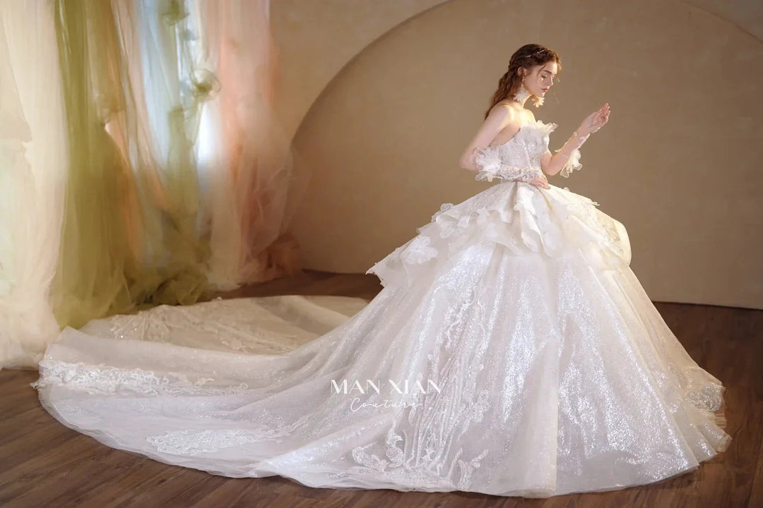 Luminous Ivory Off-Shoulder Glitter Tulle Ball Gown with 3D Floral Lace &amp; Train M021 by ZAPDRESS