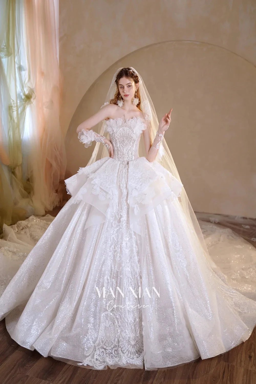 Luminous Ivory Off-Shoulder Glitter Tulle Ball Gown with 3D Floral Lace &amp; Train M021 by ZAPDRESS