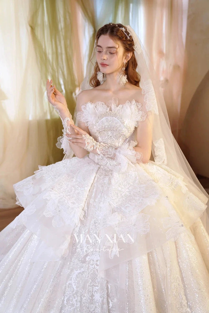 Luminous Ivory Off-Shoulder Glitter Tulle Ball Gown with 3D Floral Lace &amp; Train M021 by ZAPDRESS