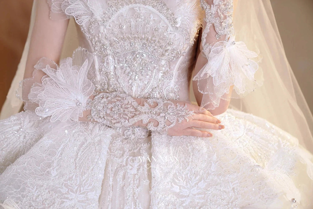 Luminous Ivory Off-Shoulder Glitter Tulle Ball Gown with 3D Floral Lace &amp; Train M021 by ZAPDRESS