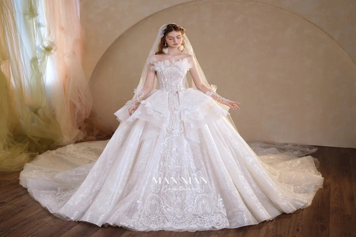 Luminous Ivory Off-Shoulder Glitter Tulle Ball Gown with 3D Floral Lace &amp; Train M021 by ZAPDRESS